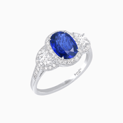 Vintage Inspired Oval Cut Three-Stone Halo Ring - Shahin Jewelry