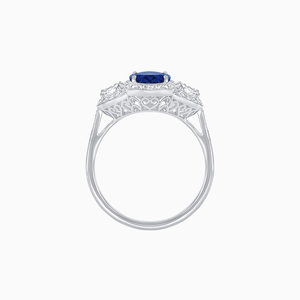 Vintage Inspired Oval Cut Three-Stone Halo Ring - Shahin Jewelry