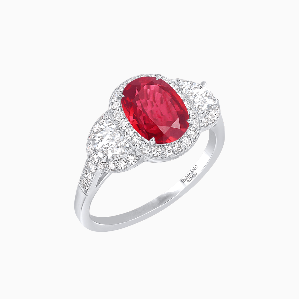 Vintage Inspired Oval Cut Three-Stone Halo Ring - Shahin Jewelry