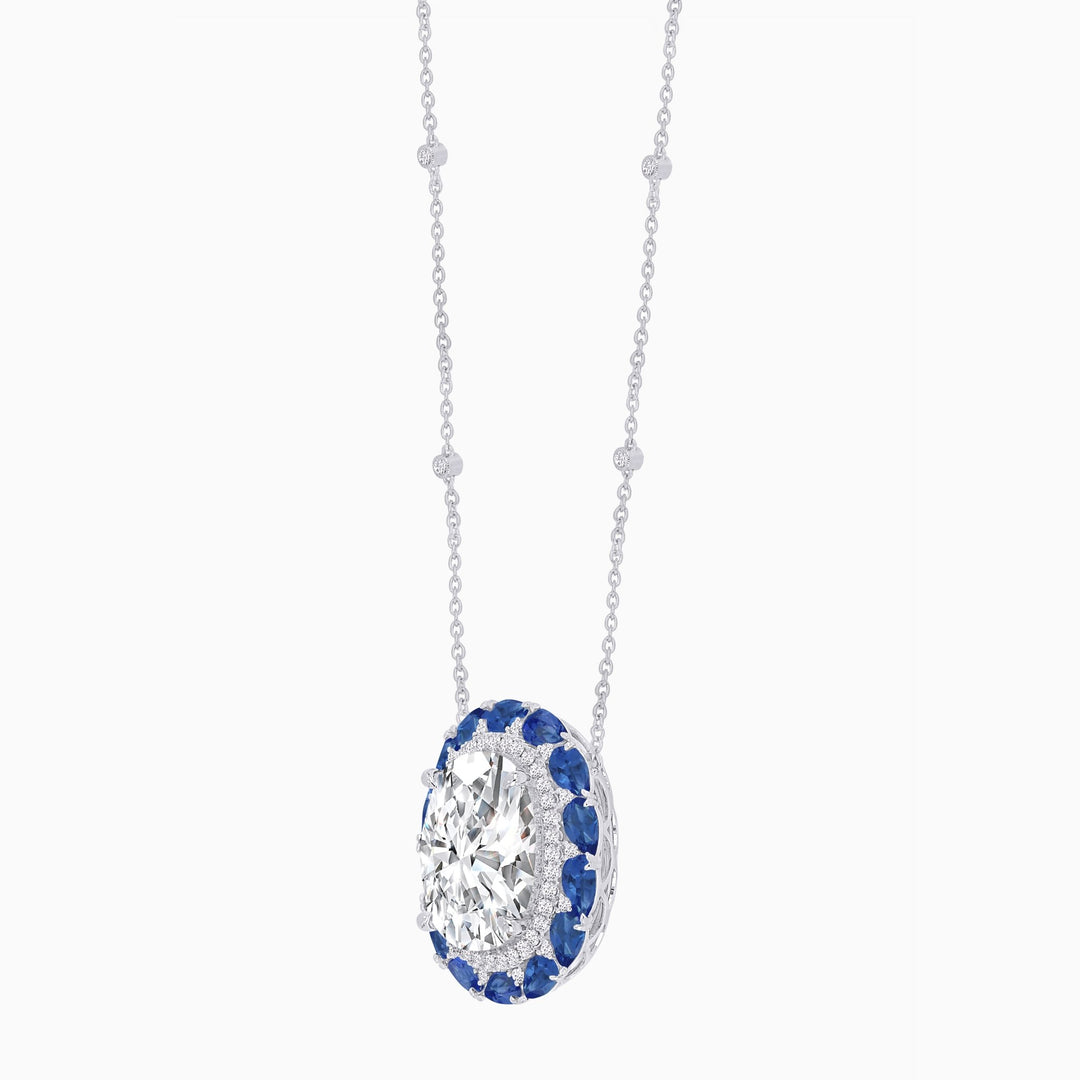 Vintage Inspired Oval Double Halo Necklace with Pear-Shaped Gemstones - Shahin Jewelry