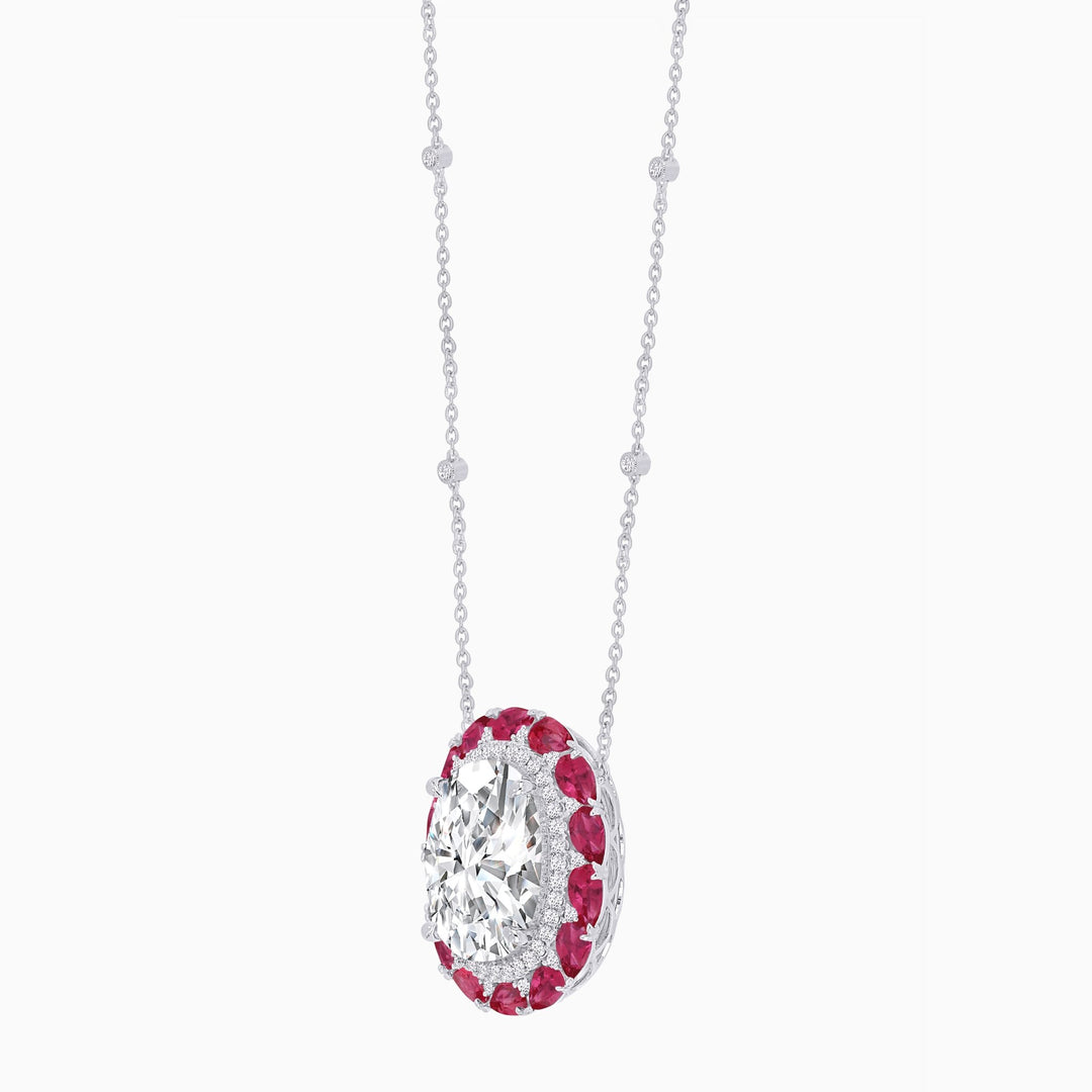 Vintage Inspired Oval Double Halo Necklace with Pear-Shaped Gemstones - Shahin Jewelry