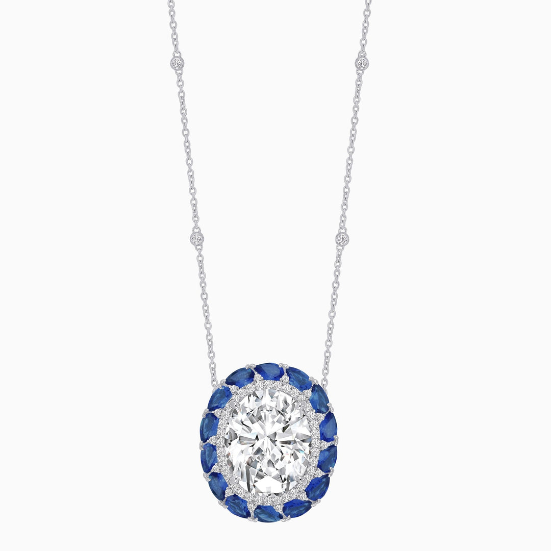 Vintage Inspired Oval Double Halo Necklace with Pear-Shaped Gemstones - Shahin Jewelry