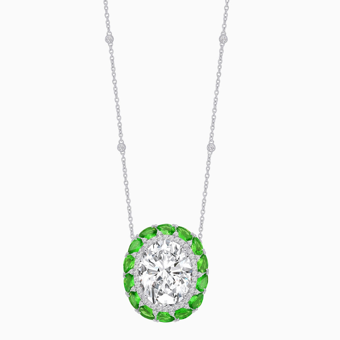 Vintage Inspired Oval Double Halo Necklace with Pear-Shaped Gemstones - Shahin Jewelry