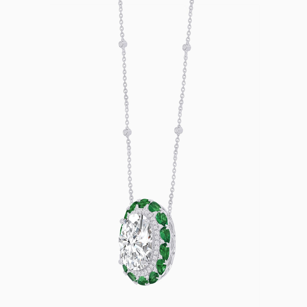 Vintage Inspired Oval Double Halo Necklace with Pear-Shaped Gemstones - Shahin Jewelry
