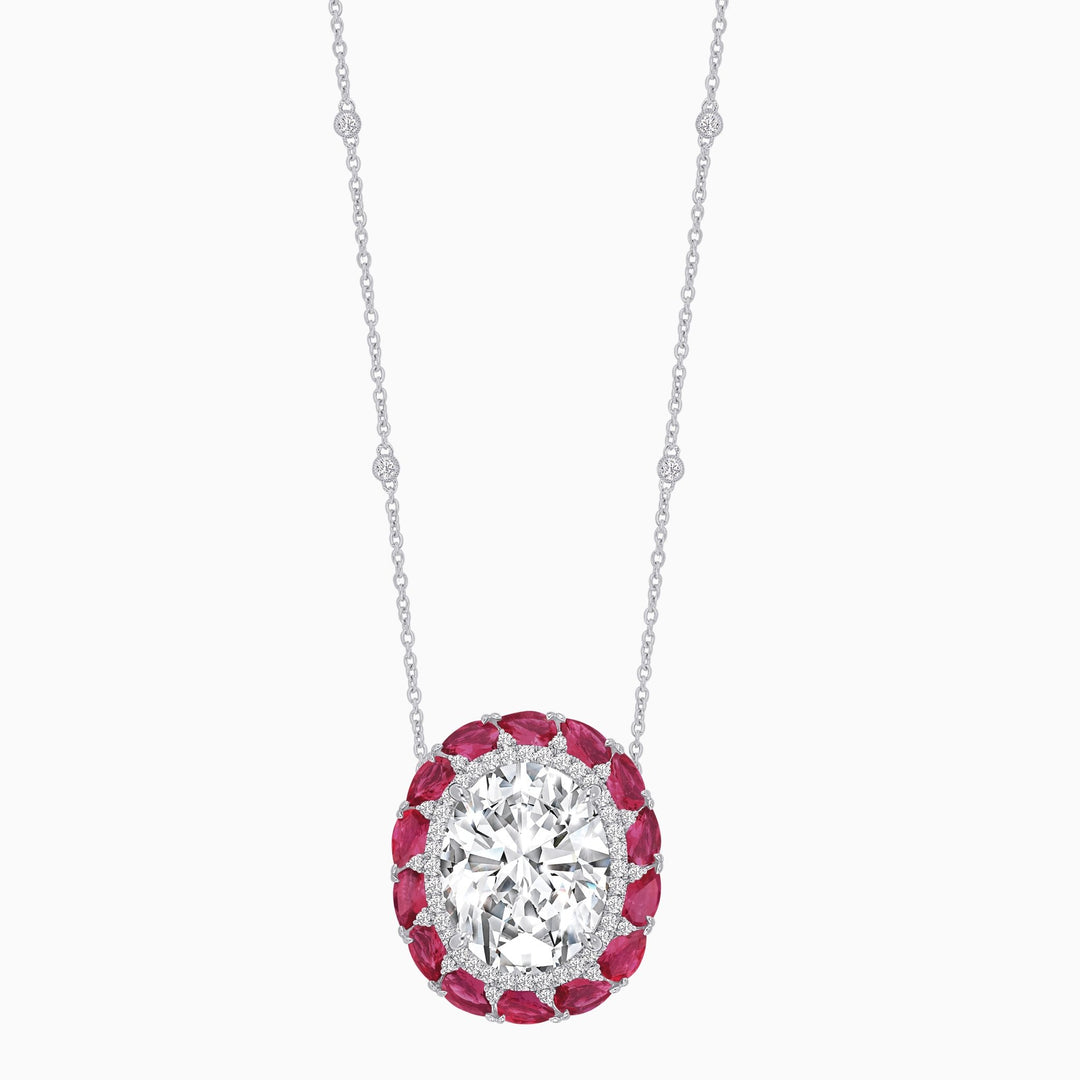 Vintage Inspired Oval Double Halo Necklace with Pear-Shaped Gemstones - Shahin Jewelry