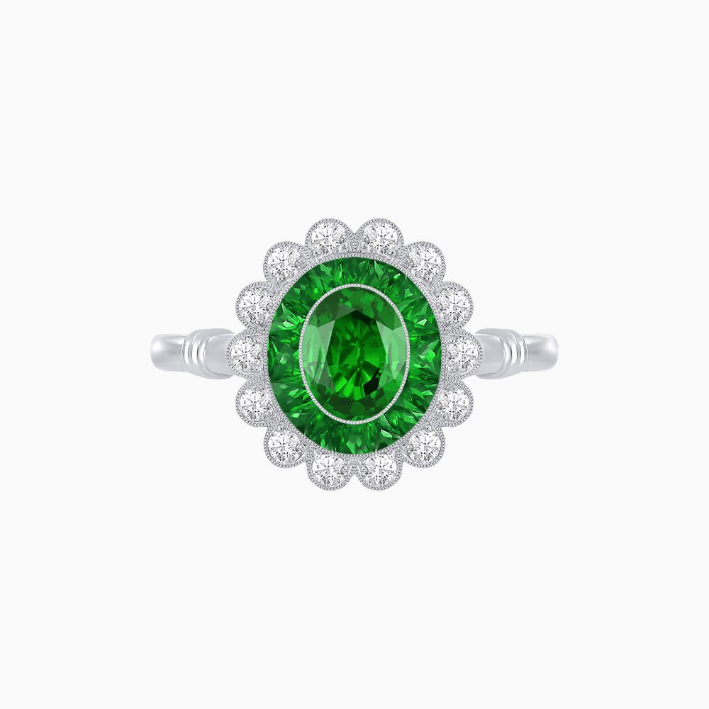 Vintage Inspired Oval French-Cut Double Halo Floral Ring - Shahin Jewelry