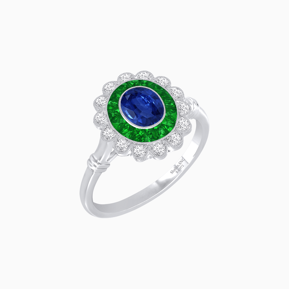 Vintage Inspired Oval French-Cut Double Halo Floral Ring - Shahin Jewelry