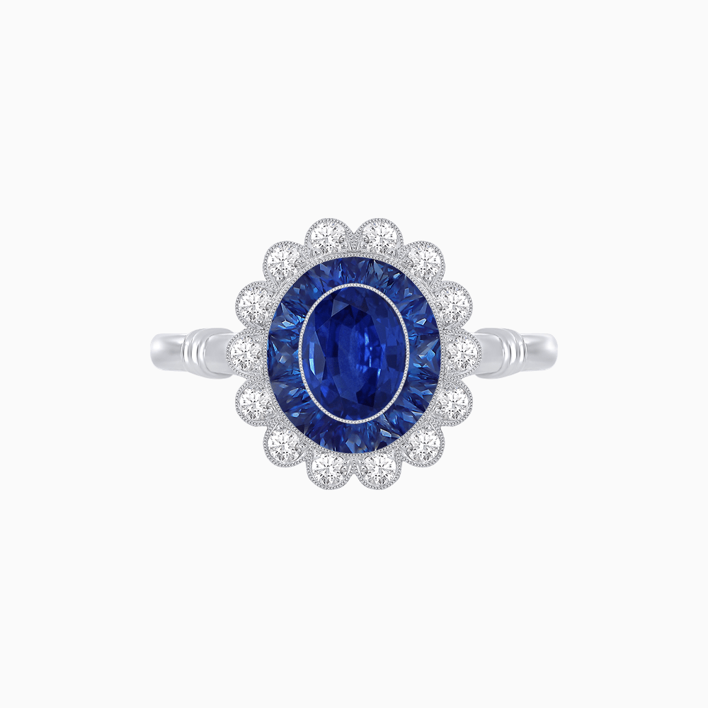 Vintage Inspired Oval French-Cut Double Halo Floral Ring - Shahin Jewelry