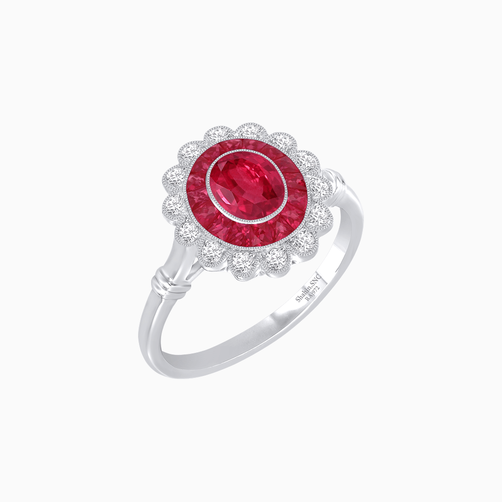 Vintage Inspired Oval French-Cut Double Halo Floral Ring - Shahin Jewelry