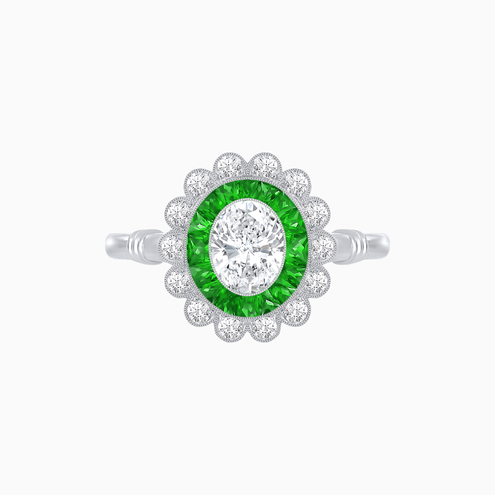 Vintage Inspired Oval French-Cut Double Halo Floral Ring - Shahin Jewelry