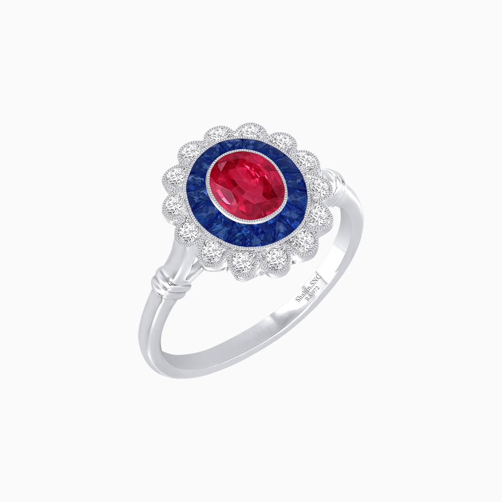 Vintage Inspired Oval French-Cut Double Halo Floral Ring - Shahin Jewelry