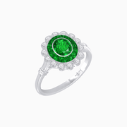 Vintage Inspired Oval French-Cut Double Halo Floral Ring - Shahin Jewelry