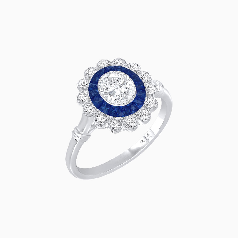 Vintage Inspired Oval French-Cut Double Halo Floral Ring - Shahin Jewelry