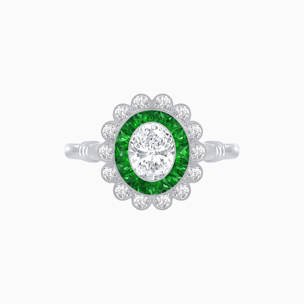 Vintage Inspired Oval French-Cut Double Halo Floral Ring - Shahin Jewelry