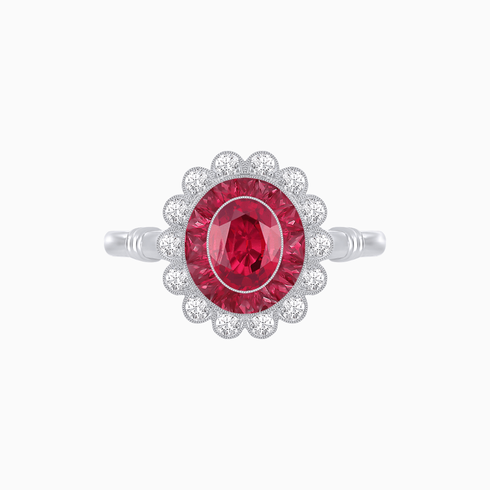Vintage Inspired Oval French-Cut Double Halo Floral Ring - Shahin Jewelry