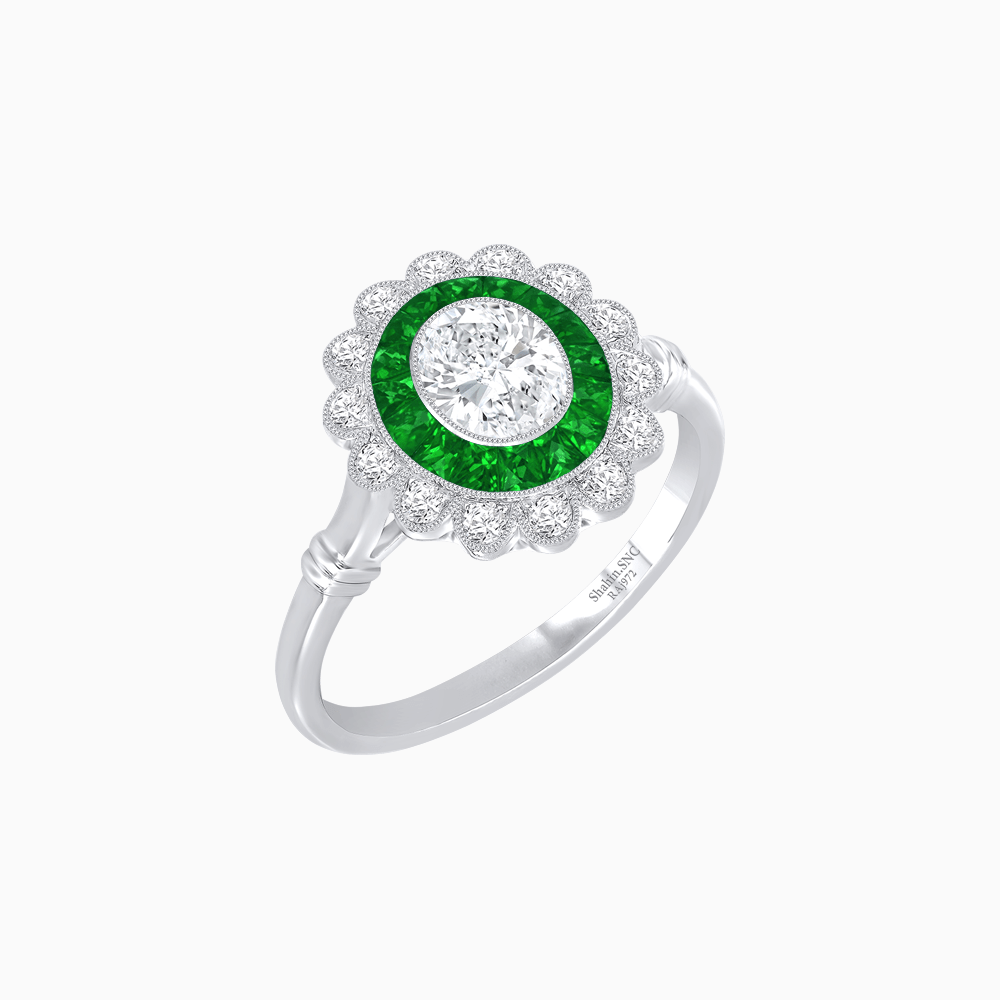 Vintage Inspired Oval French-Cut Double Halo Floral Ring - Shahin Jewelry