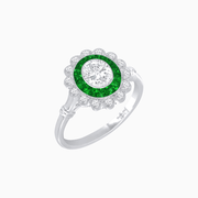 Vintage Inspired Oval French-Cut Double Halo Floral Ring - Shahin Jewelry