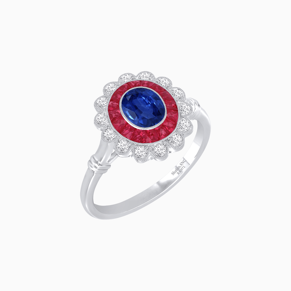 Vintage Inspired Oval French-Cut Double Halo Floral Ring - Shahin Jewelry
