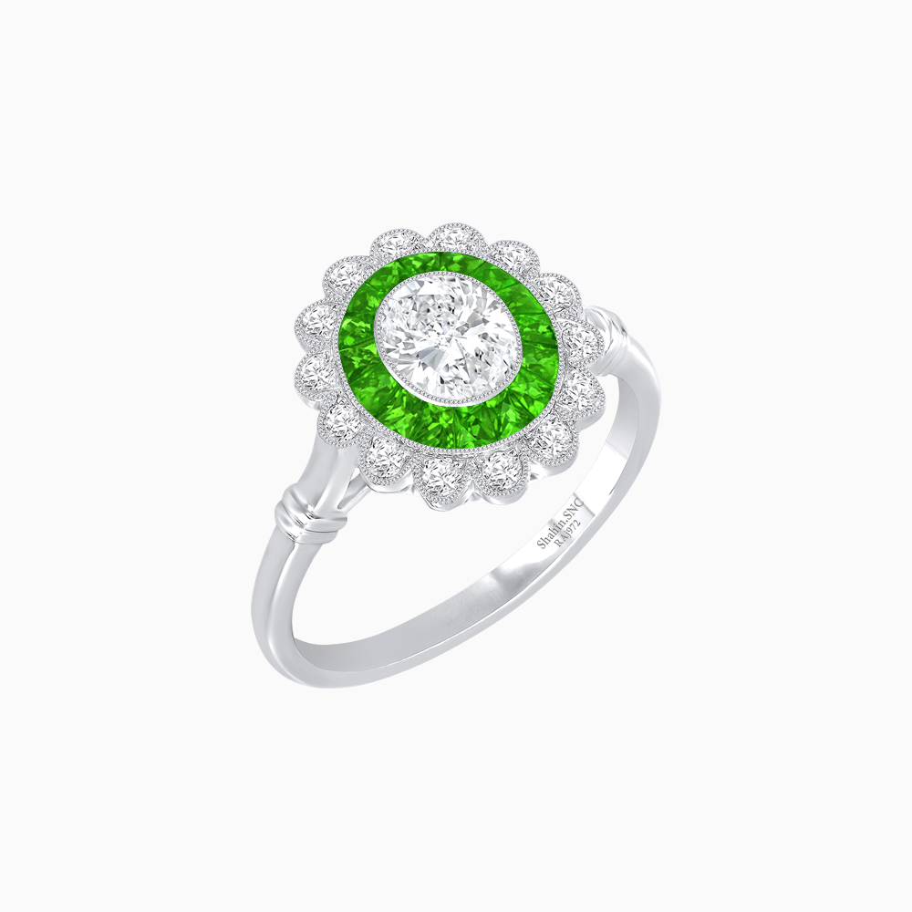 Vintage Inspired Oval French-Cut Double Halo Floral Ring - Shahin Jewelry
