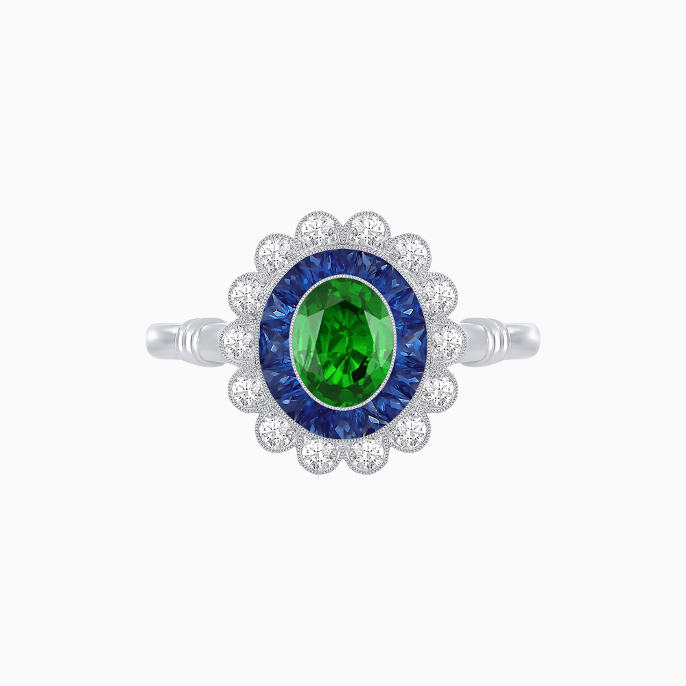 Vintage Inspired Oval French-Cut Double Halo Floral Ring - Shahin Jewelry