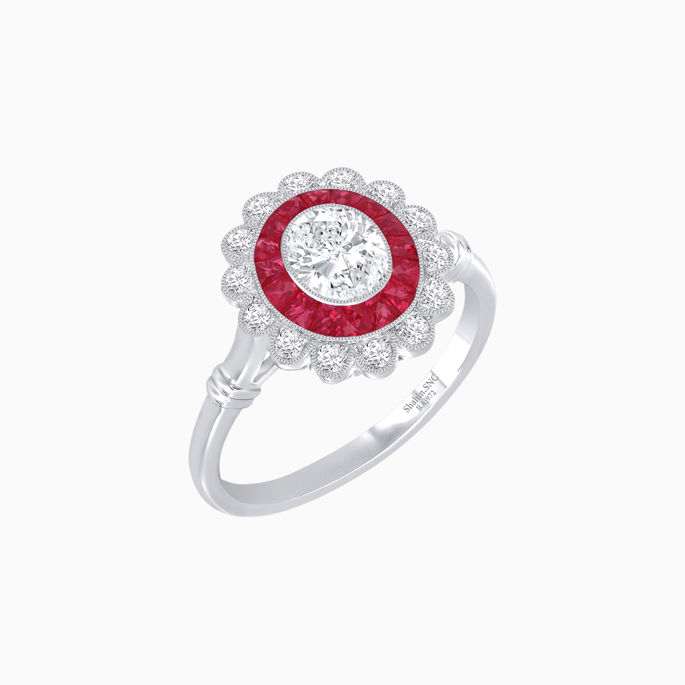 Vintage Inspired Oval French-Cut Double Halo Floral Ring - Shahin Jewelry