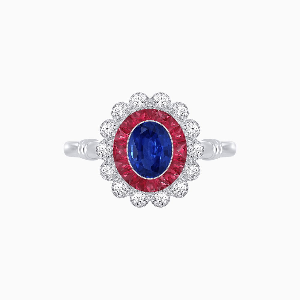 Vintage Inspired Oval French-Cut Double Halo Floral Ring - Shahin Jewelry