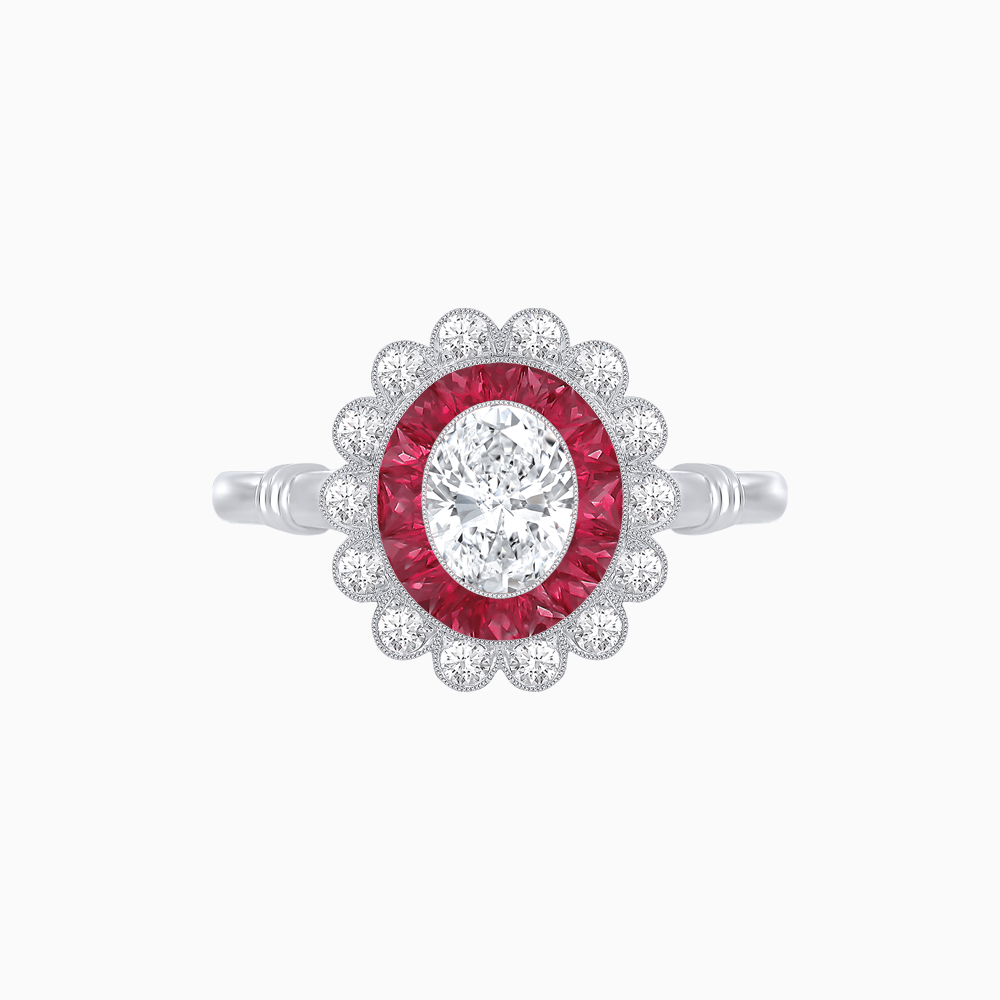 Vintage Inspired Oval French-Cut Double Halo Floral Ring - Shahin Jewelry
