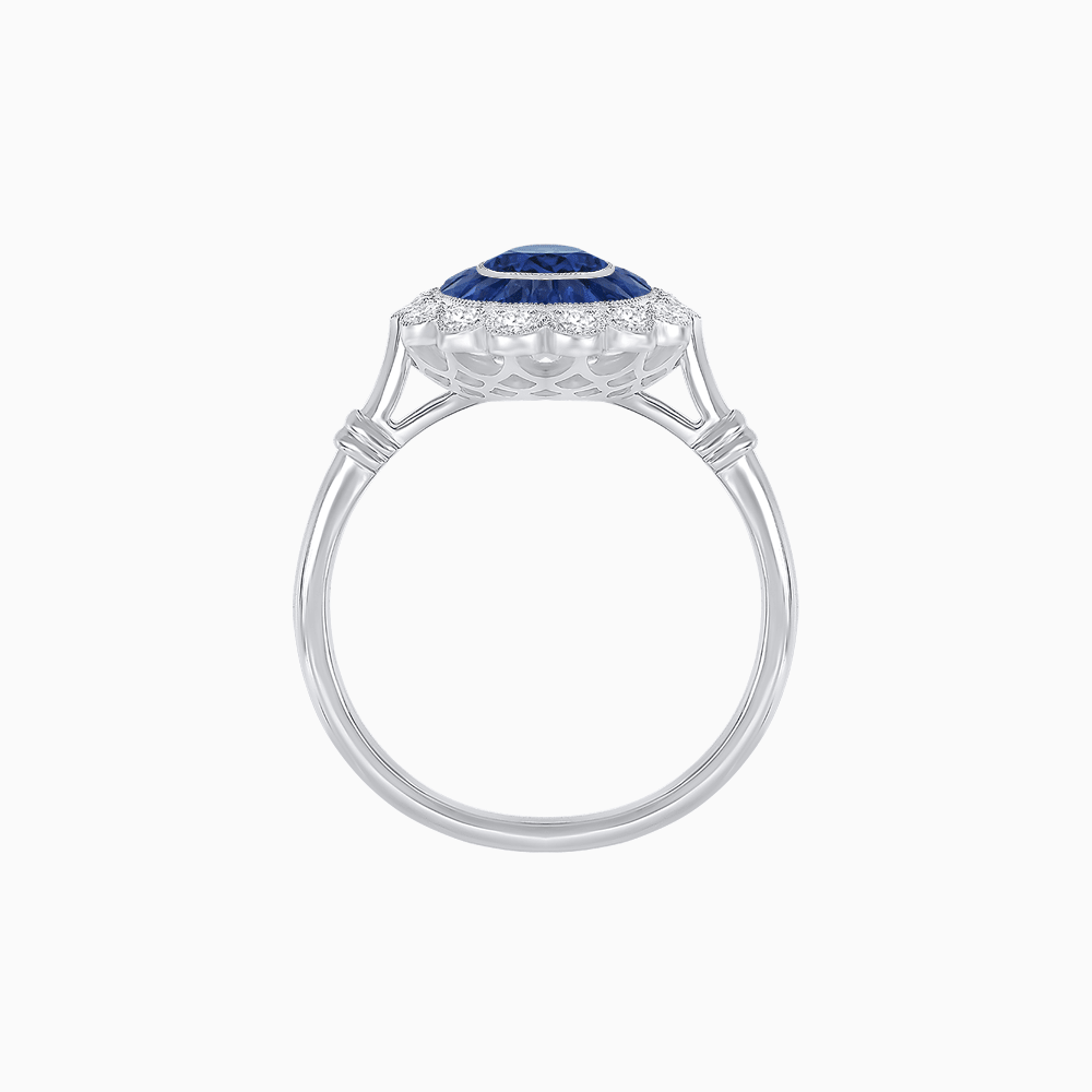 Vintage Inspired Oval French-Cut Double Halo Floral Ring - Shahin Jewelry