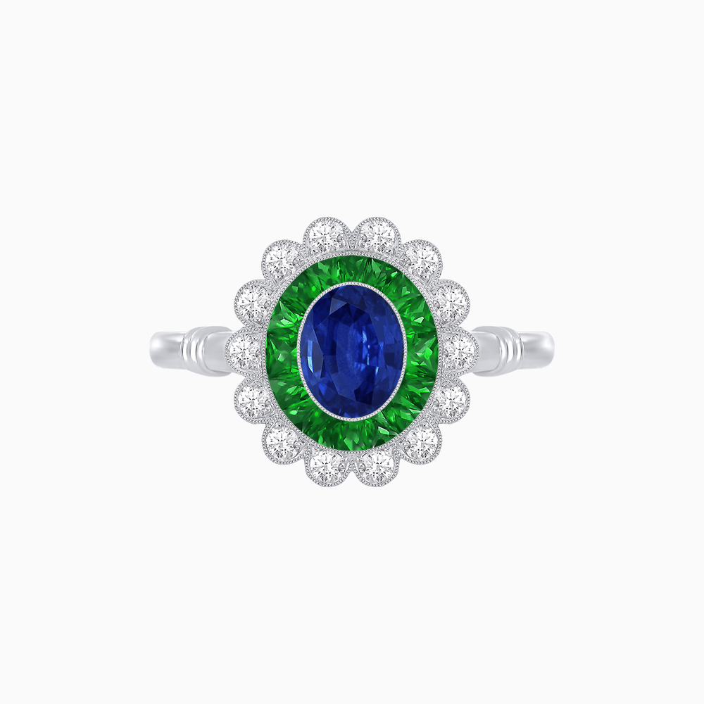 Vintage Inspired Oval French-Cut Double Halo Floral Ring - Shahin Jewelry