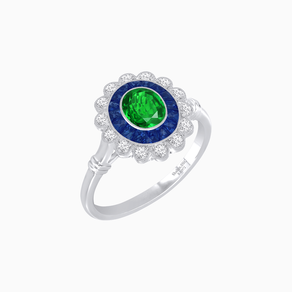 Vintage Inspired Oval French-Cut Double Halo Floral Ring - Shahin Jewelry