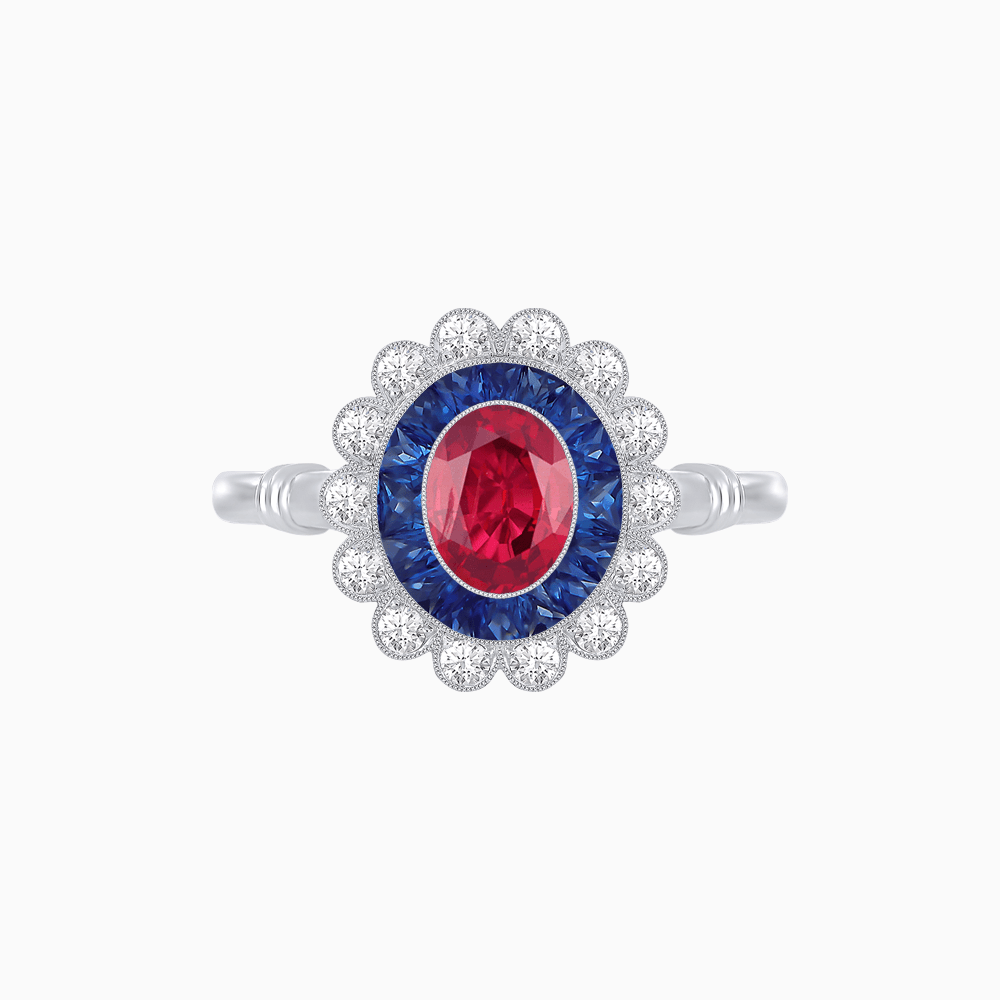 Vintage Inspired Oval French-Cut Double Halo Floral Ring - Shahin Jewelry
