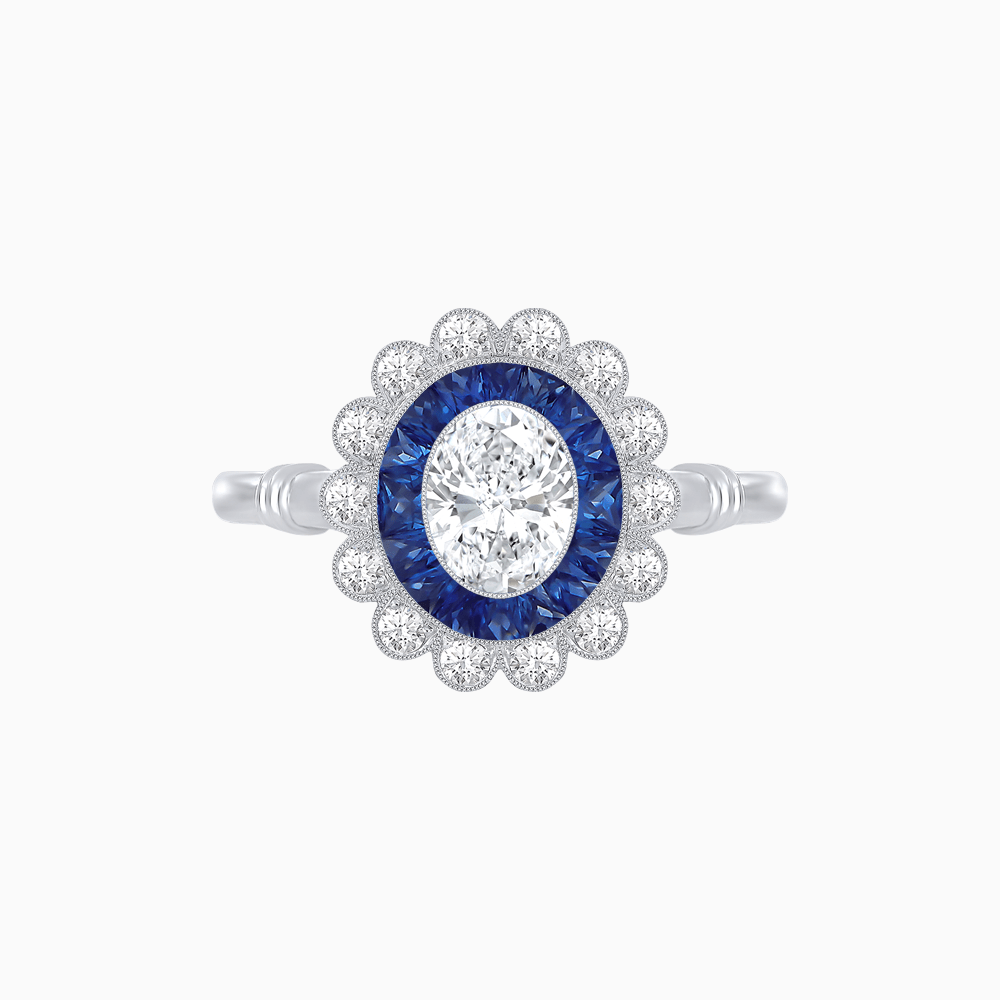 Vintage Inspired Oval French-Cut Double Halo Floral Ring - Shahin Jewelry
