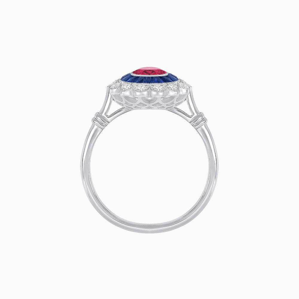 Vintage Inspired Oval French-Cut Double Halo Floral Ring - Shahin Jewelry