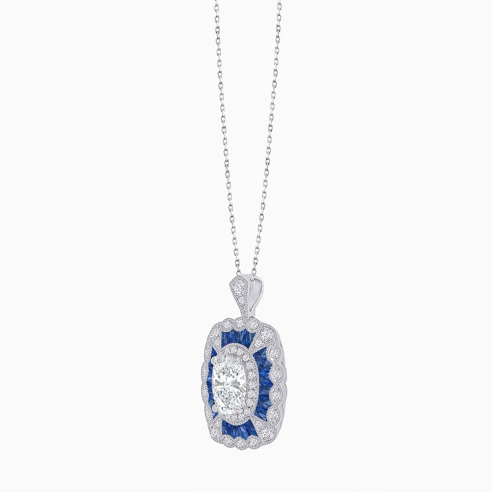 Vintage Inspired Oval French-Cut Gemstone Scalloped Halo Pendant - Shahin Jewelry
