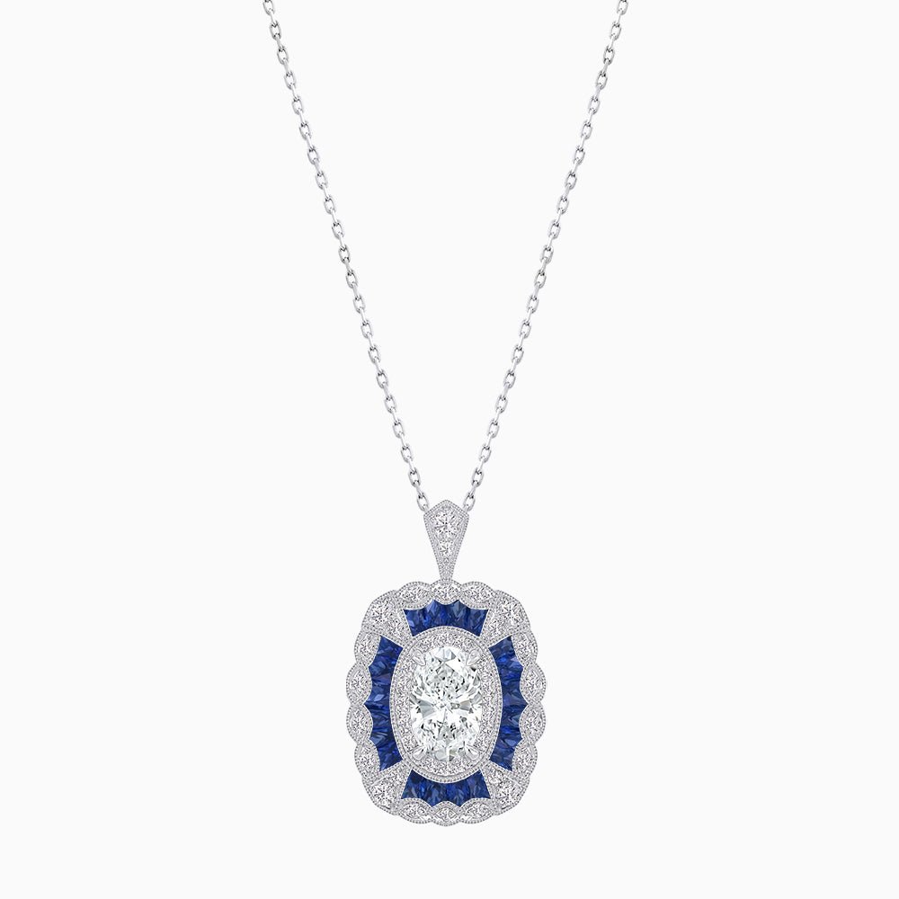 Vintage Inspired Oval French-Cut Gemstone Scalloped Halo Pendant - Shahin Jewelry