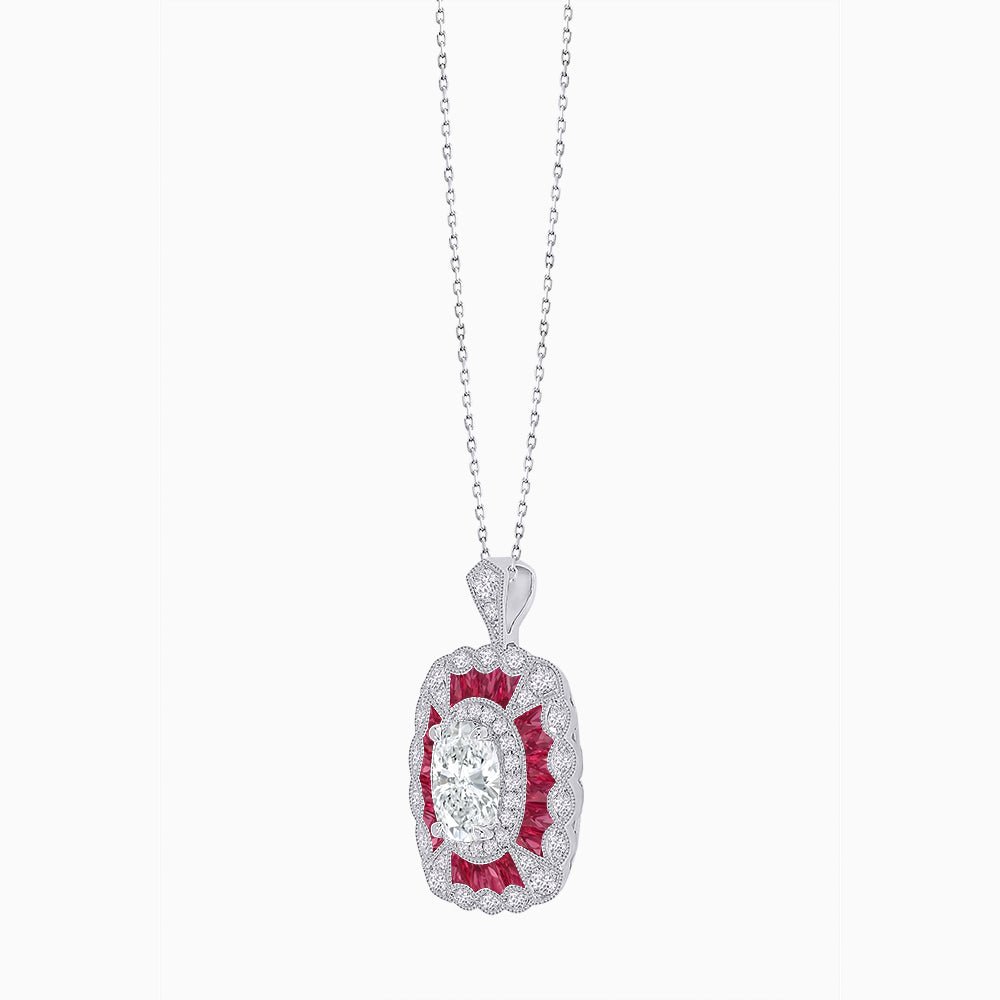 Vintage Inspired Oval French-Cut Gemstone Scalloped Halo Pendant - Shahin Jewelry