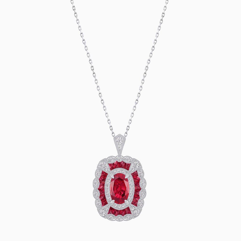 Vintage Inspired Oval French-Cut Gemstone Scalloped Halo Pendant - Shahin Jewelry