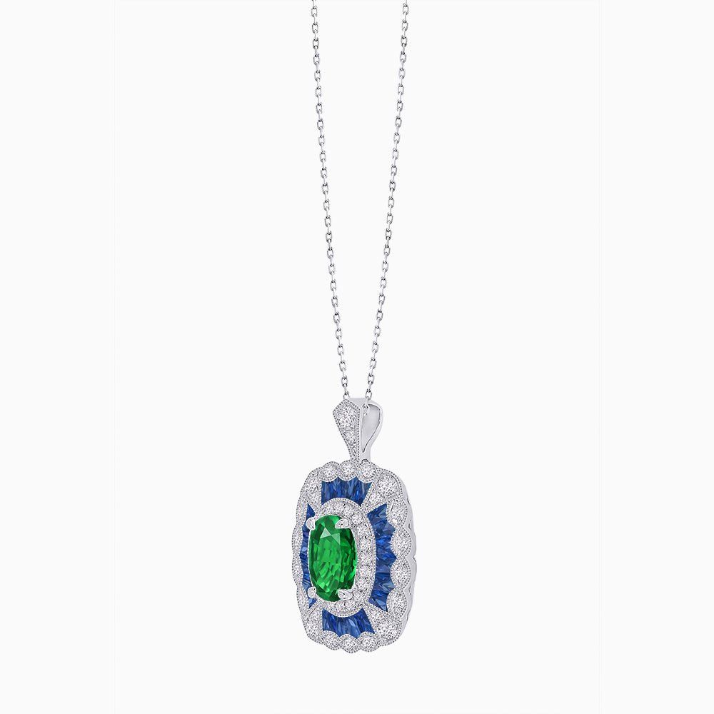 Vintage Inspired Oval French-Cut Gemstone Scalloped Halo Pendant - Shahin Jewelry