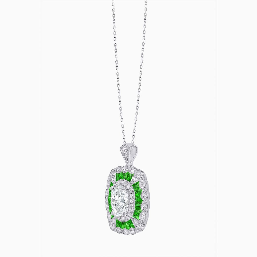 Vintage Inspired Oval French-Cut Gemstone Scalloped Halo Pendant - Shahin Jewelry