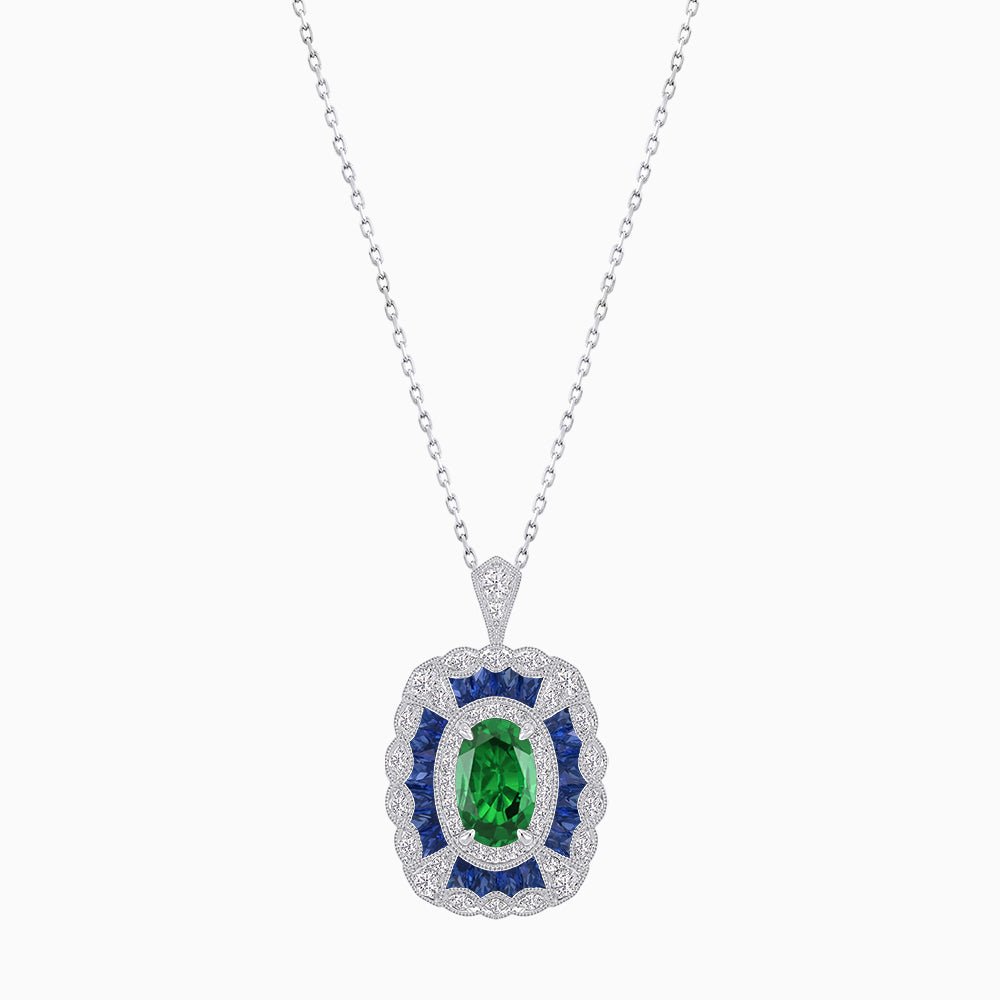 Vintage Inspired Oval French-Cut Gemstone Scalloped Halo Pendant - Shahin Jewelry