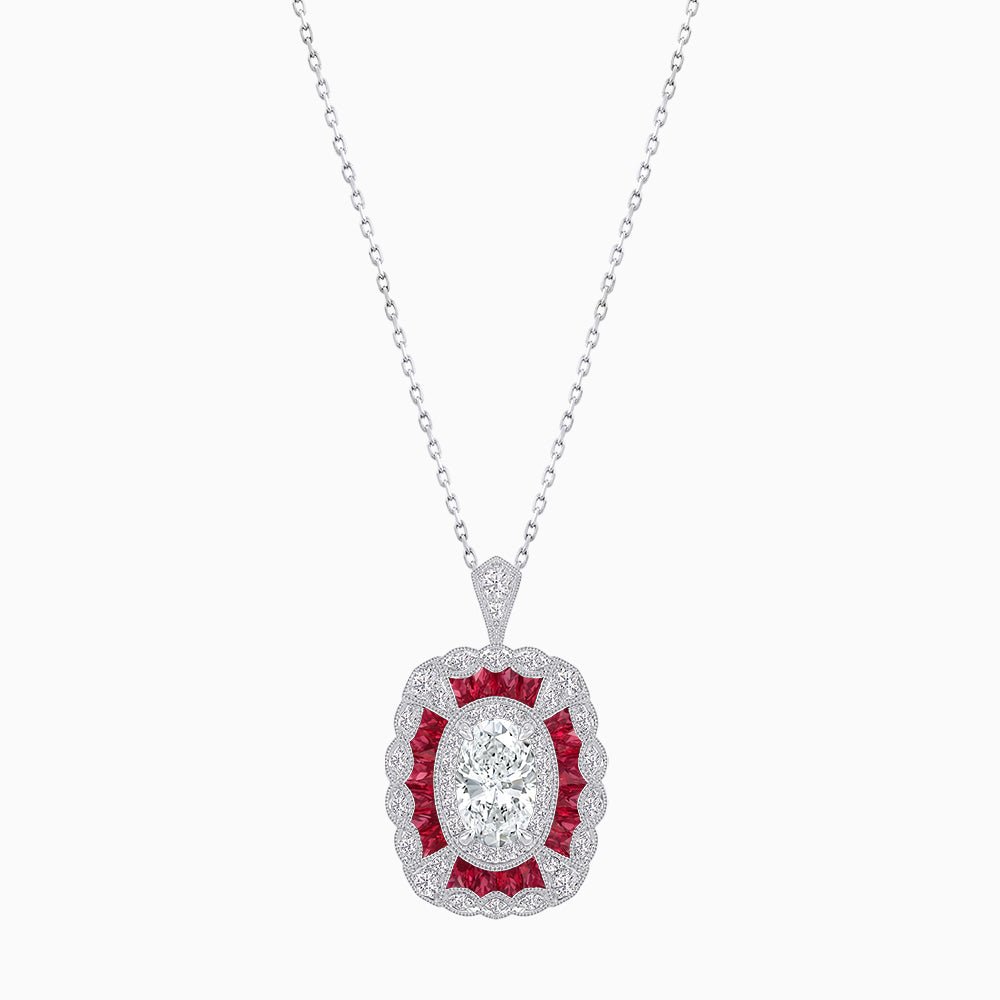 Vintage Inspired Oval French-Cut Gemstone Scalloped Halo Pendant - Shahin Jewelry