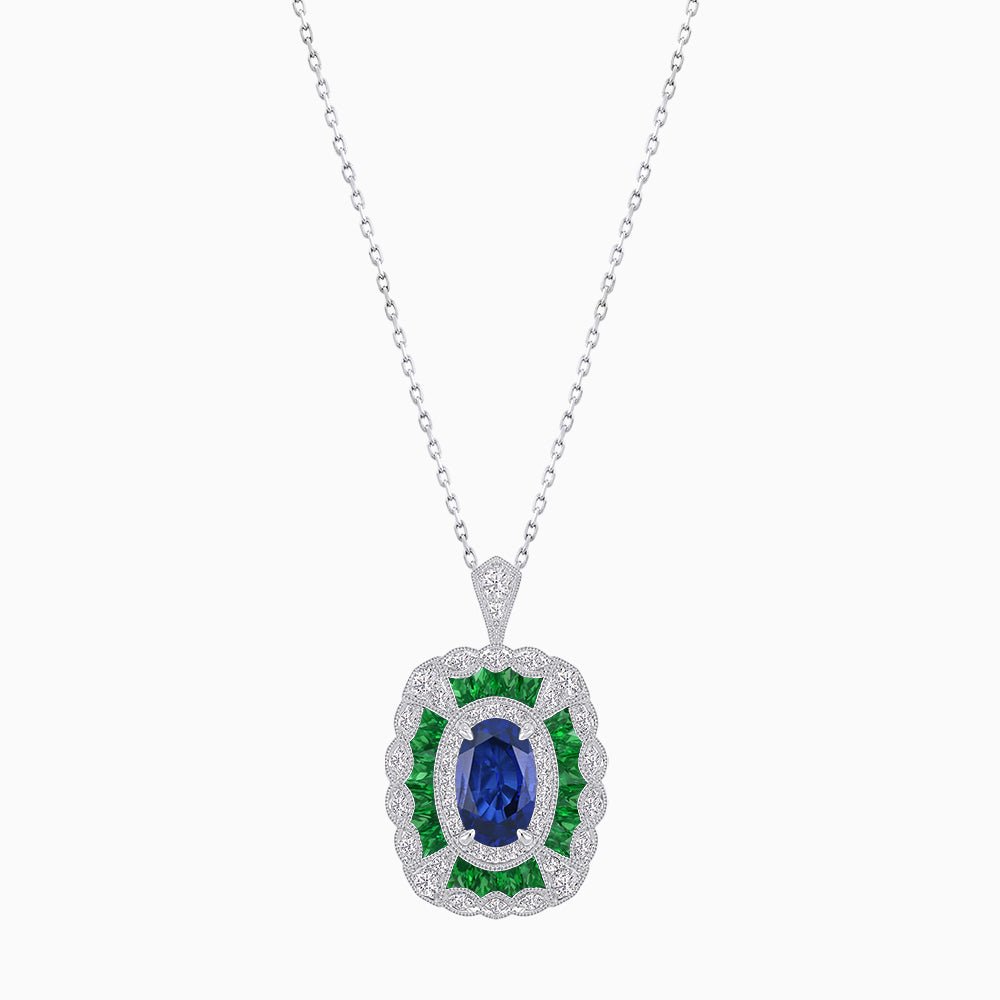 Vintage Inspired Oval French-Cut Gemstone Scalloped Halo Pendant - Shahin Jewelry