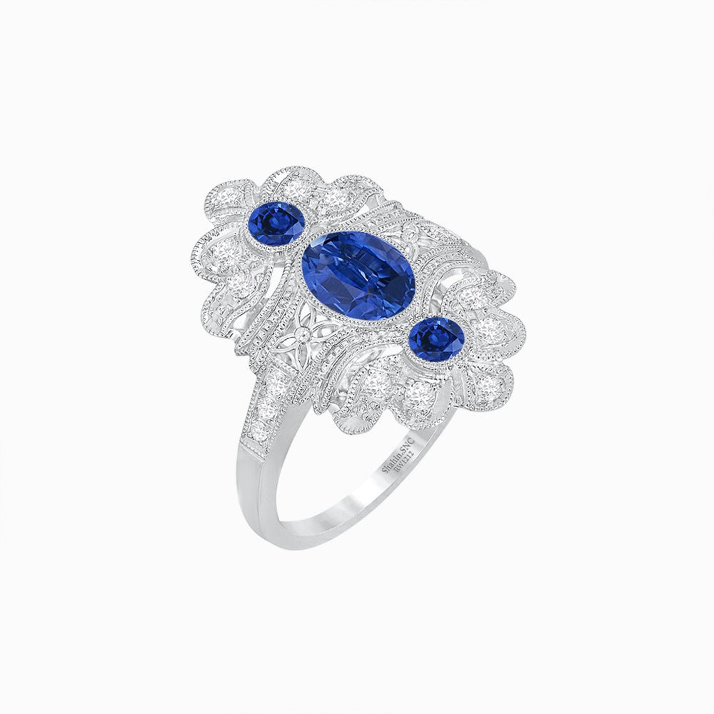 Vintage Inspired Oval Three-Stone Floral Filigree Statement Ring - Shahin Jewelry