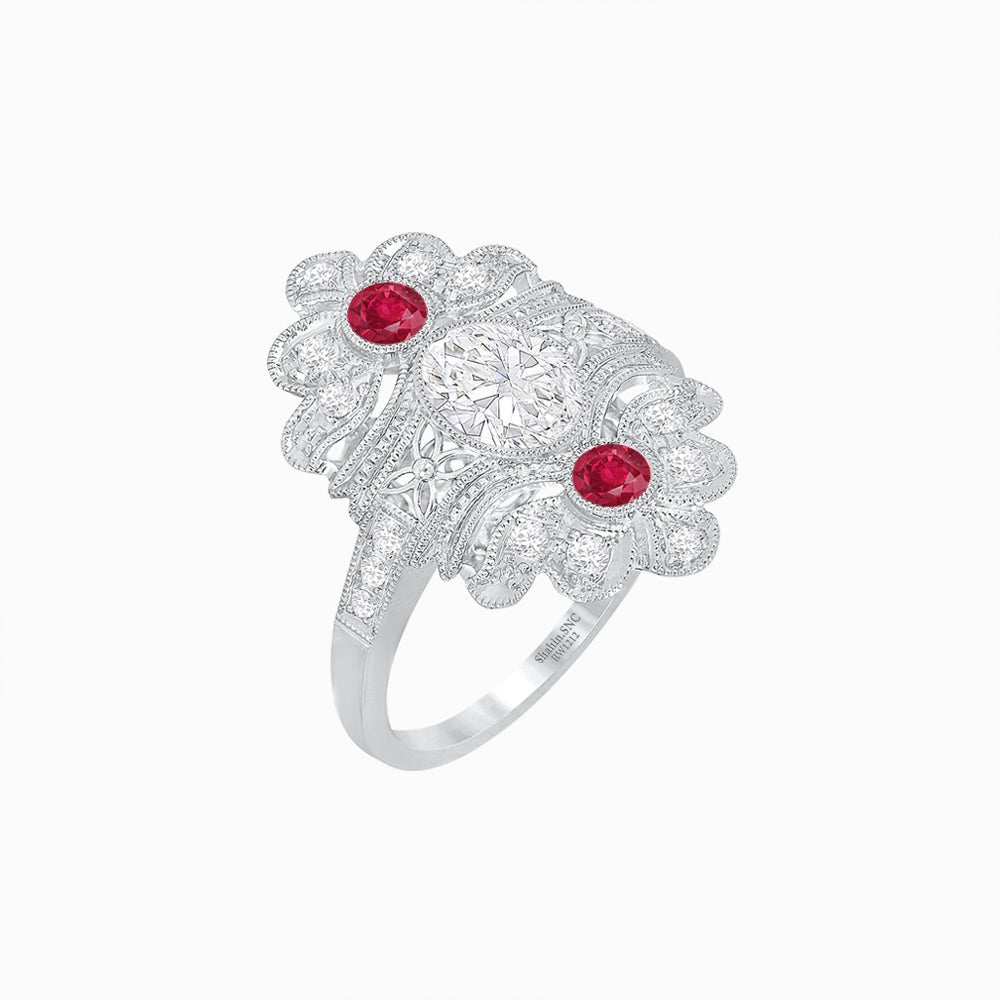 Vintage Inspired Oval Three-Stone Floral Filigree Statement Ring - Shahin Jewelry