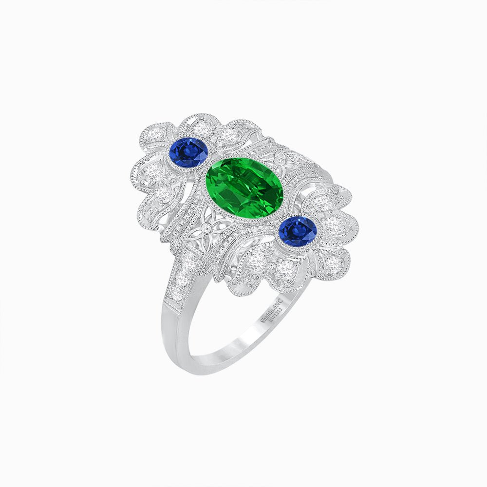 Vintage Inspired Oval Three-Stone Floral Filigree Statement Ring - Shahin Jewelry