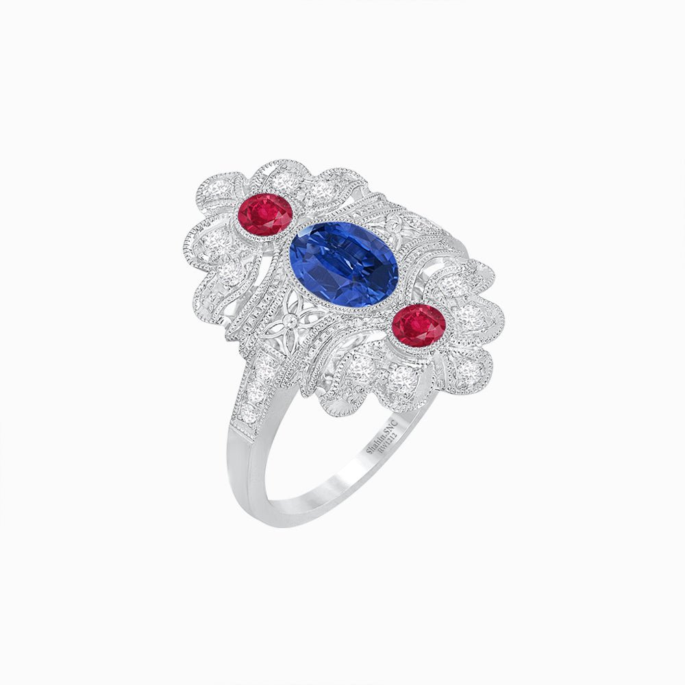 Vintage Inspired Oval Three-Stone Floral Filigree Statement Ring - Shahin Jewelry