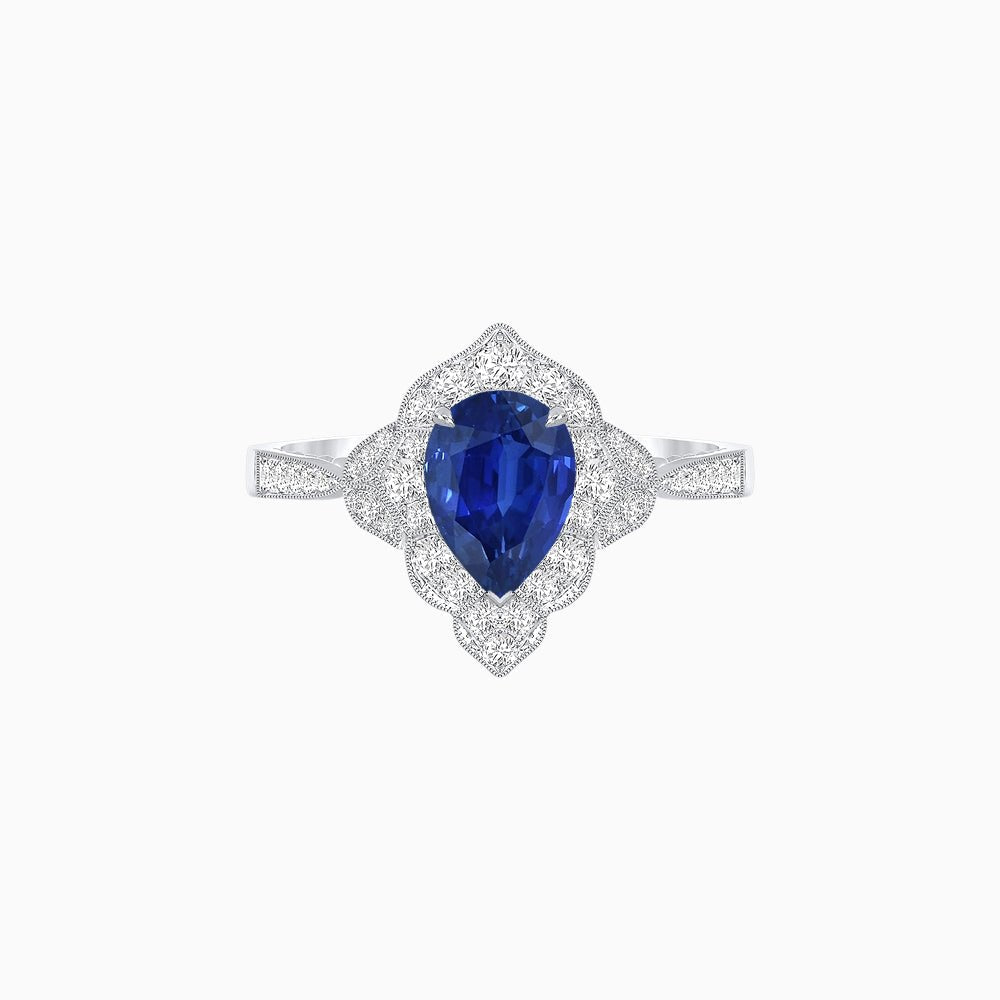 Vintage Inspired Pear Cut Floral Halo Ring with Milgrain - Shahin Jewelry