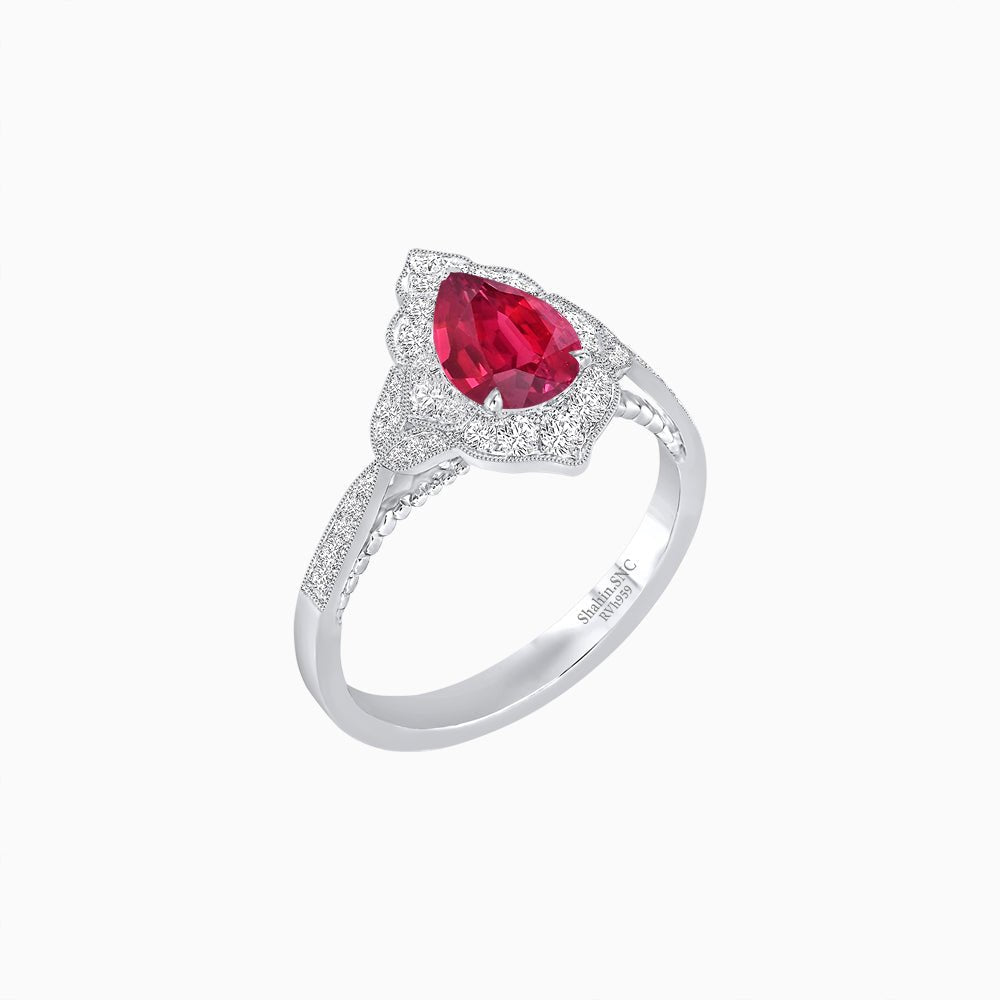 Vintage Inspired Pear Cut Floral Halo Ring with Milgrain - Shahin Jewelry