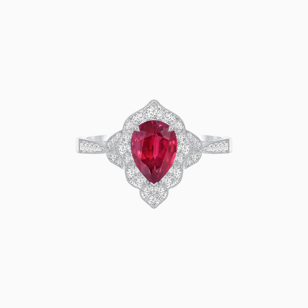 Vintage Inspired Pear Cut Floral Halo Ring with Milgrain - Shahin Jewelry