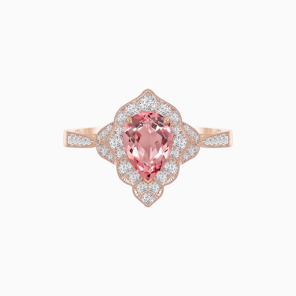 Vintage - Inspired Pear - Shaped Pink Morganite and Diamond Engagement Ring in 14K Rose Gold - Shahin Jewelry